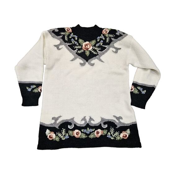 Vtg Dana Scott Embroidered Floral Sweater Womens L Mock Neck Colorblock Grandma - Picture 1 of 8